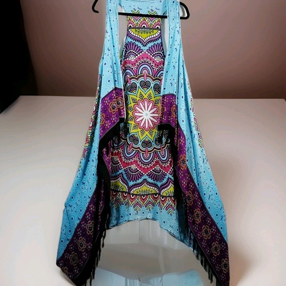 Mandala Kimono Beach Cover-Up Fringe Boho Hippy Multicolor Icy Blue One Size - Picture 3 of 13